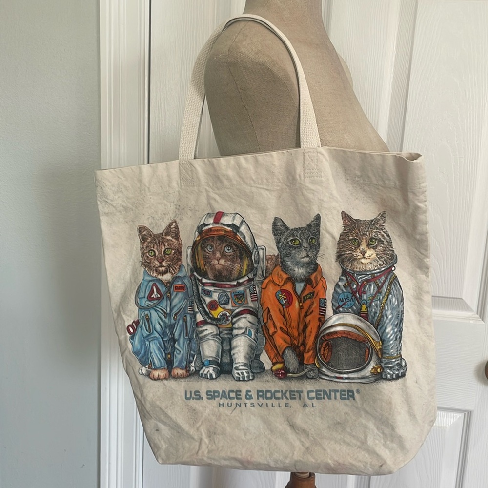 Vintage Y2K US Space & Rocket Center NASA astronaut Cat large Tote Bag cream